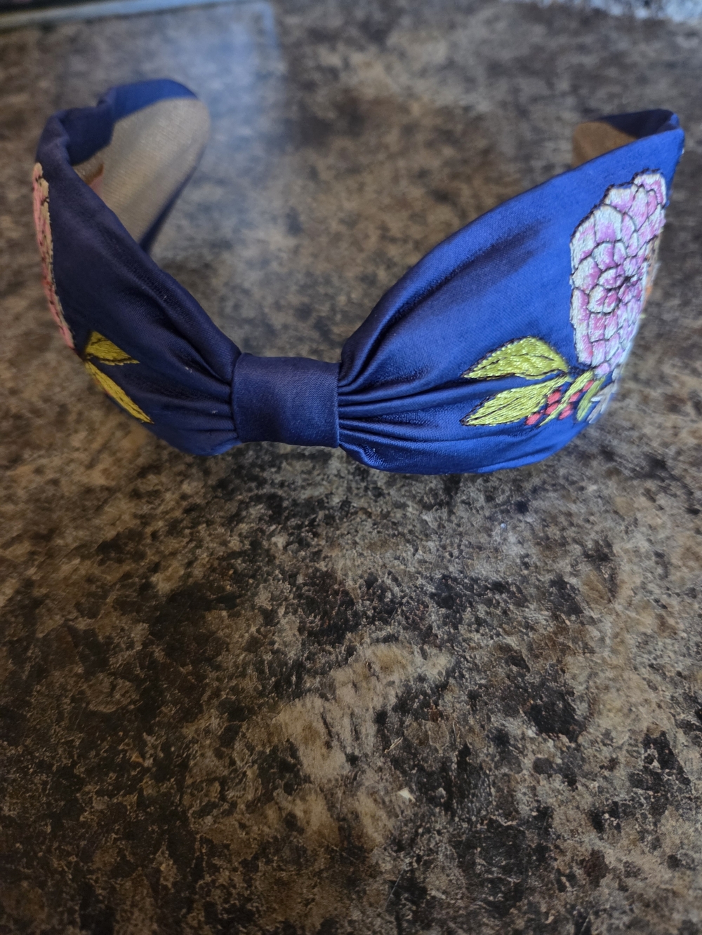 Powder Satin Embroidered Headband - Floral Tiger Face in Indigo